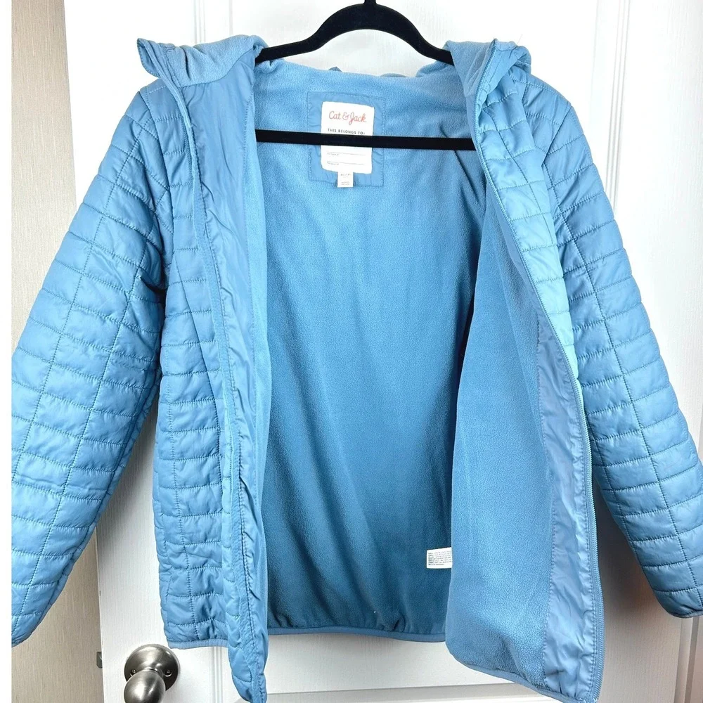 Cat & Jack Kids Light Blue Quilted‎ Puffer Jacket Fleece Lined Hooded XL 14